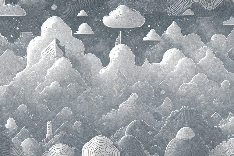 A dreamscape with a cloudy sky and a range of different shades of gray