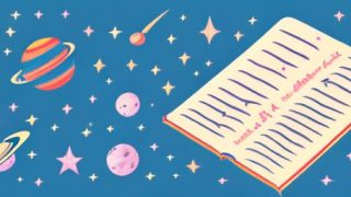 A magical spell book surrounded by a swirl of stars and planets