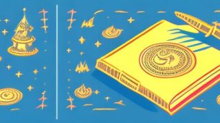 A magical spell book with a golden coin on top