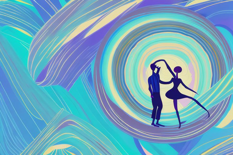 Two people dancing in a dream-like landscape
